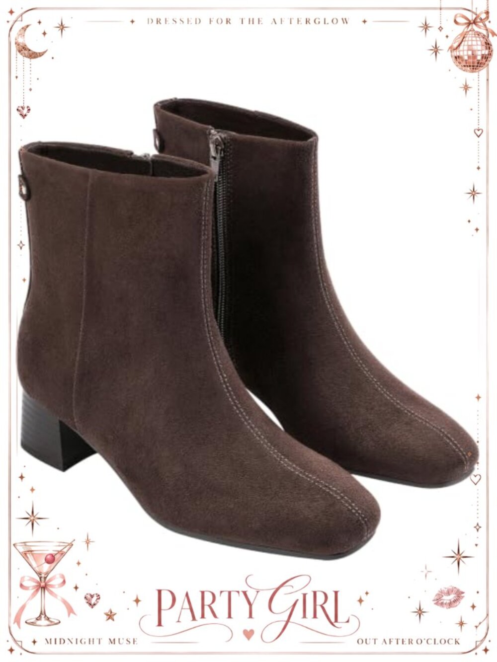 Wide Width Faux Suede Square Toe Ankle Boots Side Zip Low Block Heel Booties